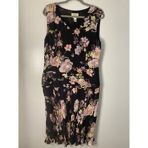 Talbots Petites Pure Silk Woman Size 14 Black Midi Dress Hydrangea Lined Vintage